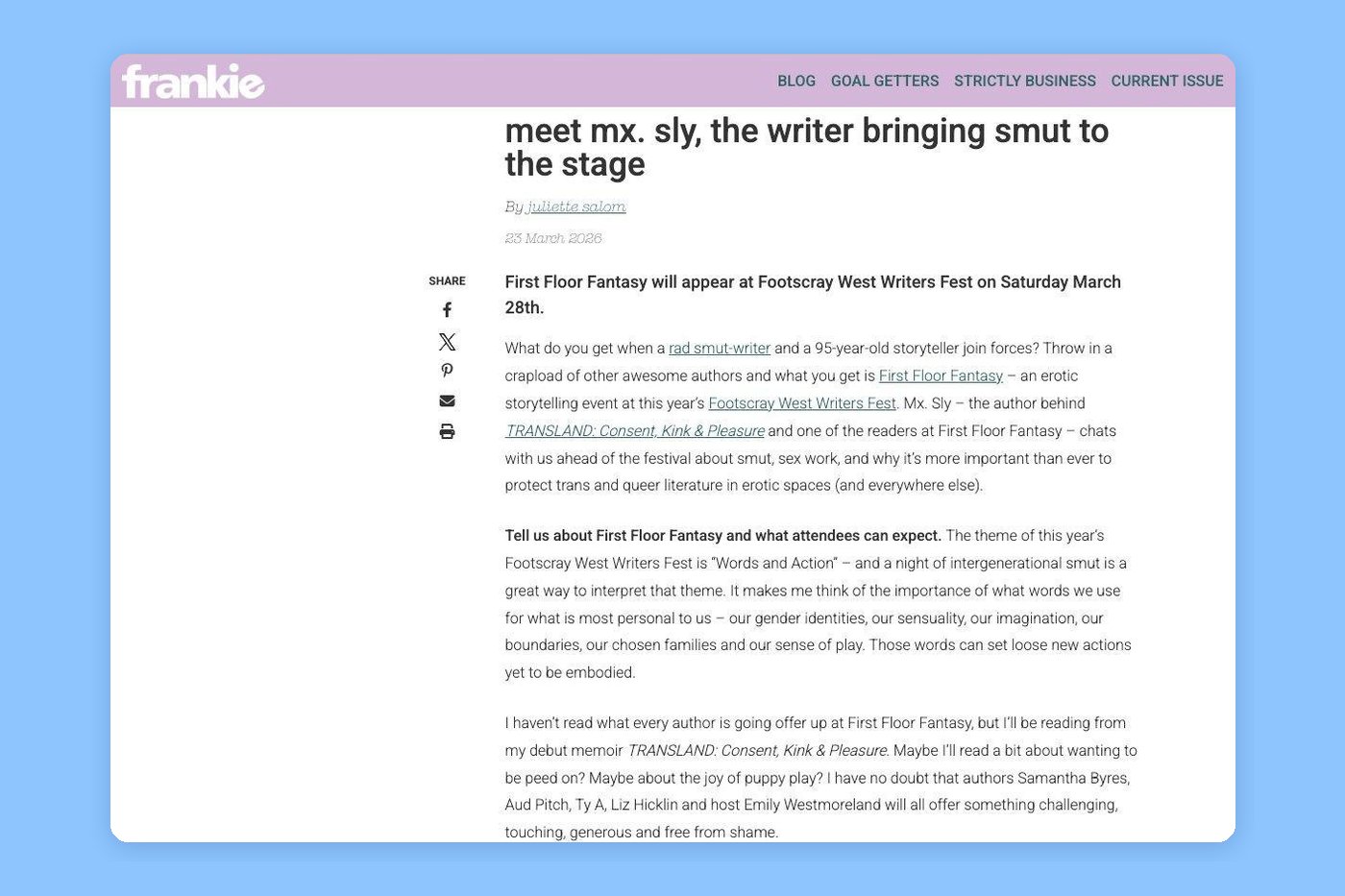 Frankie Magazine profile of Mx Sly, ahead of First Floor Fantasy