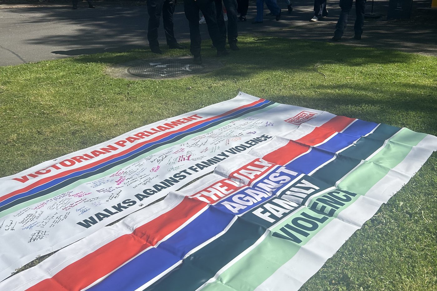 The Victorian Parliament’s signed Walk Against Family Violence banner